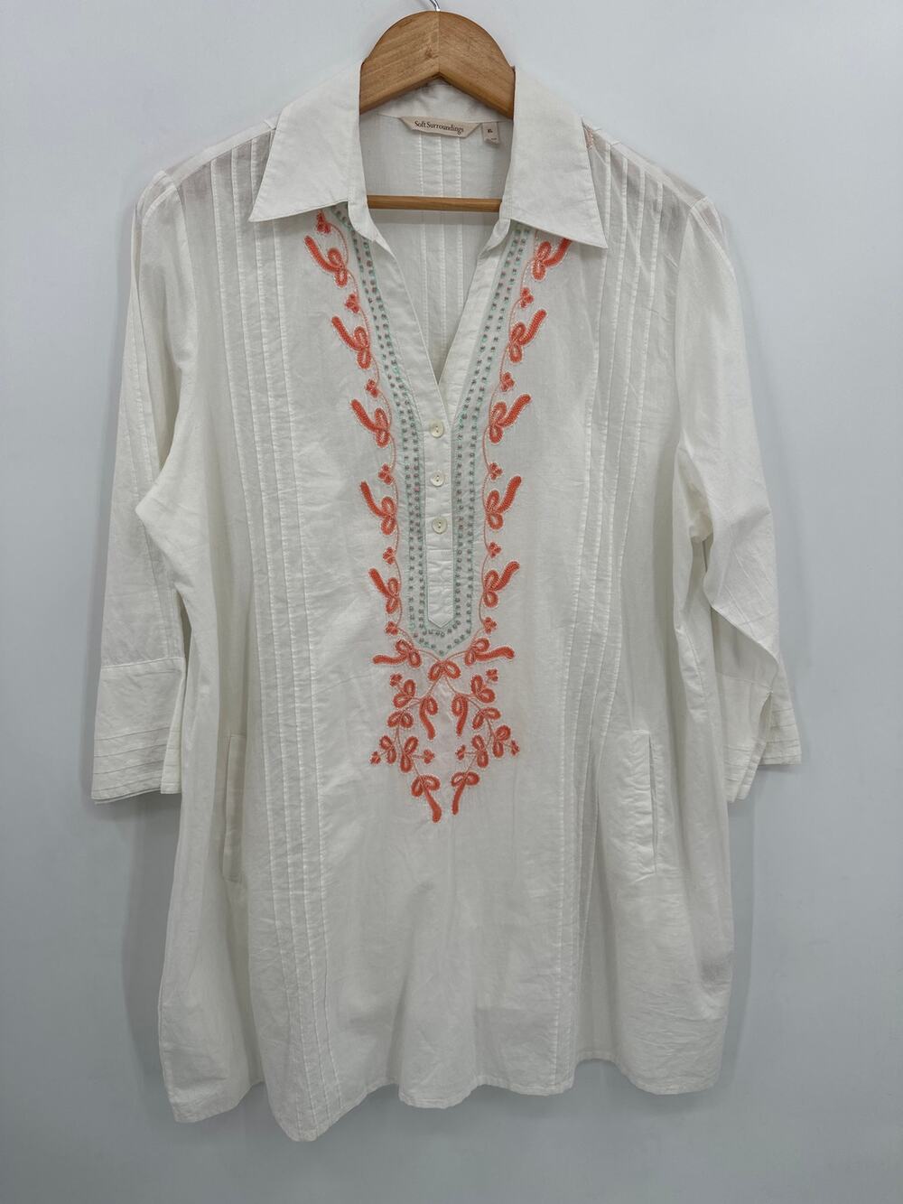 Soft Surroundings Meryl Tunic Dress Coral Embroidery Size XL